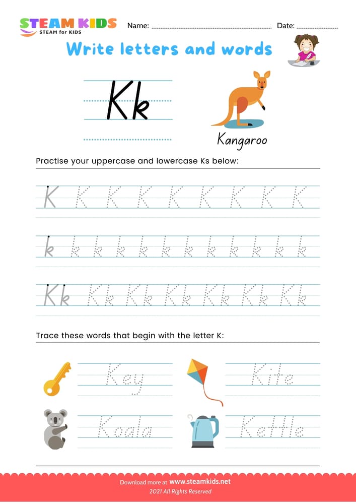 Free English Worksheet - Write letters and words -  K/k