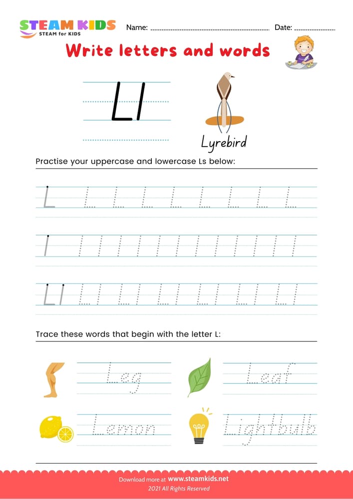 Free English Worksheet - Write letters and words -  L/l