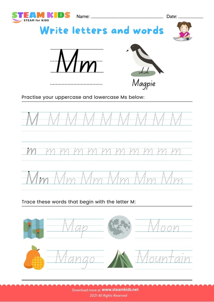 Free English Worksheet - Write letters and words -  M/m