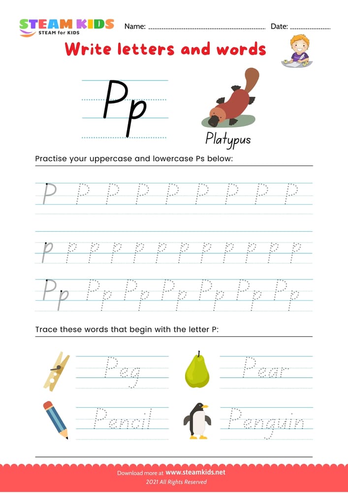 Free English Worksheet - Write letters and words -  P/p