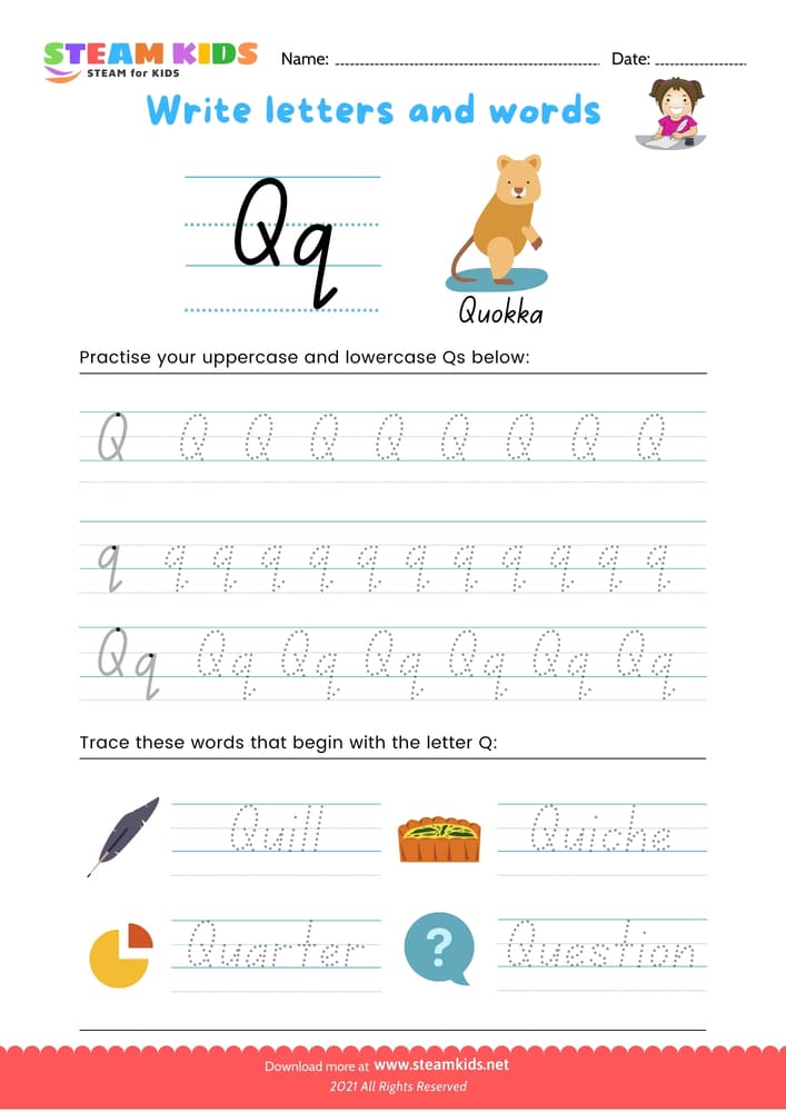 Free English Worksheet - Write letters and words -  Q/q