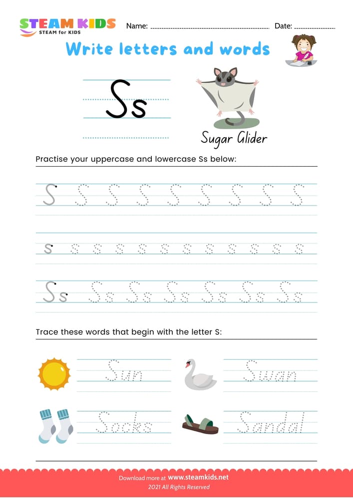 Free English Worksheet - Write letters and words -  S/s