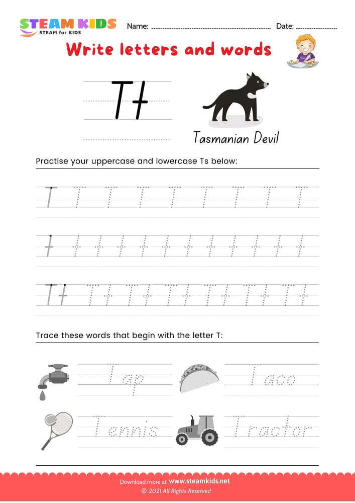 Free English Worksheet - Write letters and words -  T/t