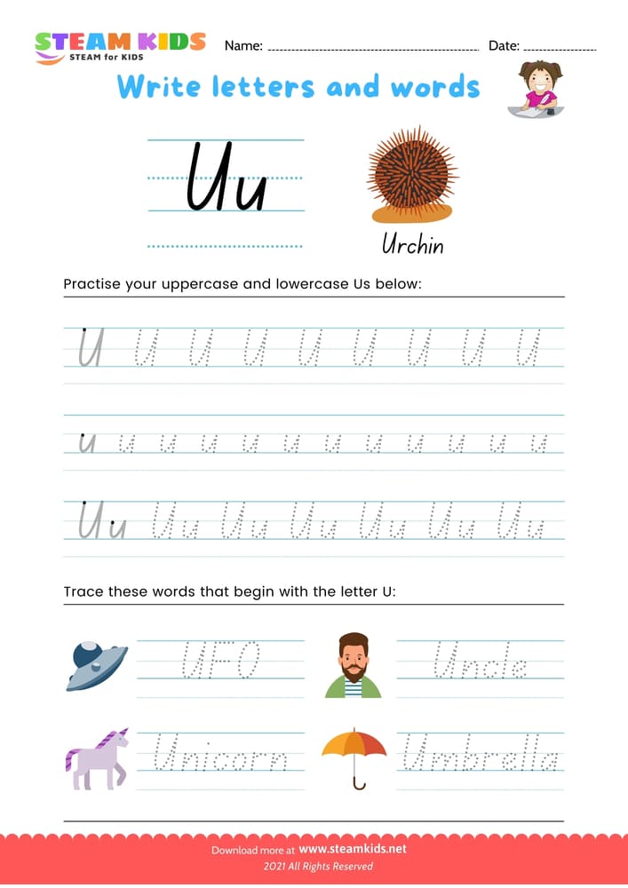 Free English Worksheet - Write letters and words -  U/u