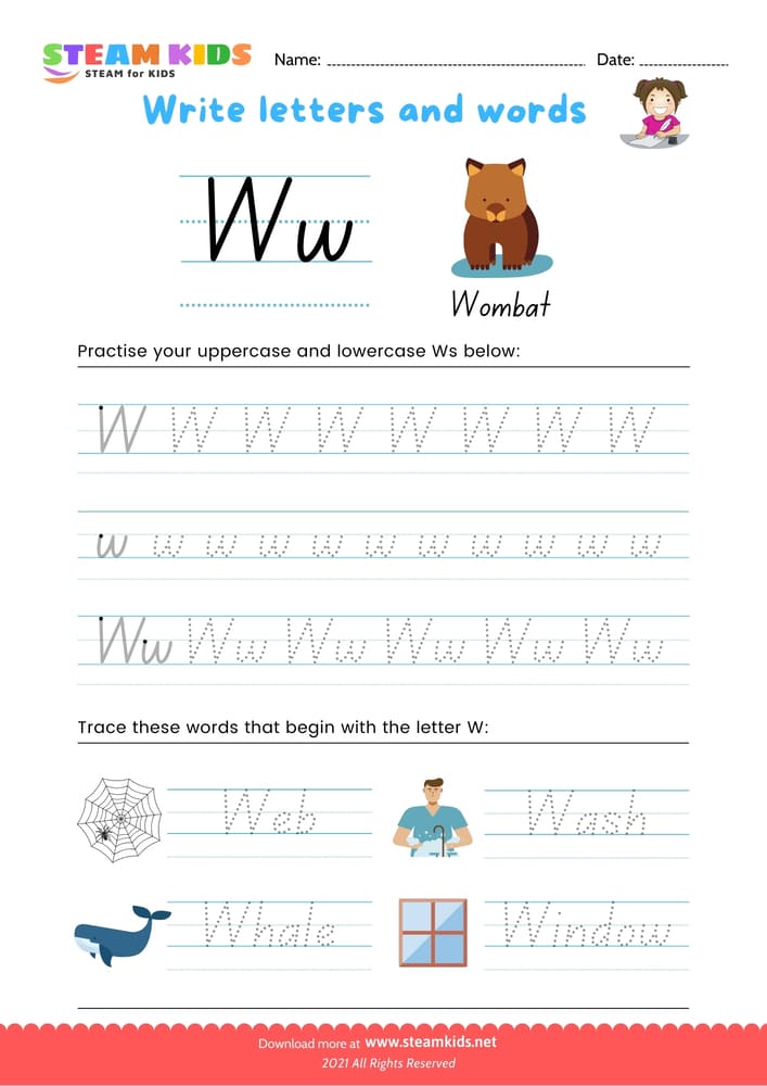 Free English Worksheet - Write letters and words -  W/w