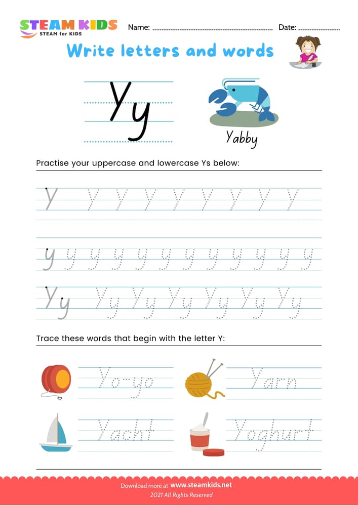 Free English Worksheet - Write letters and words -  Y/y