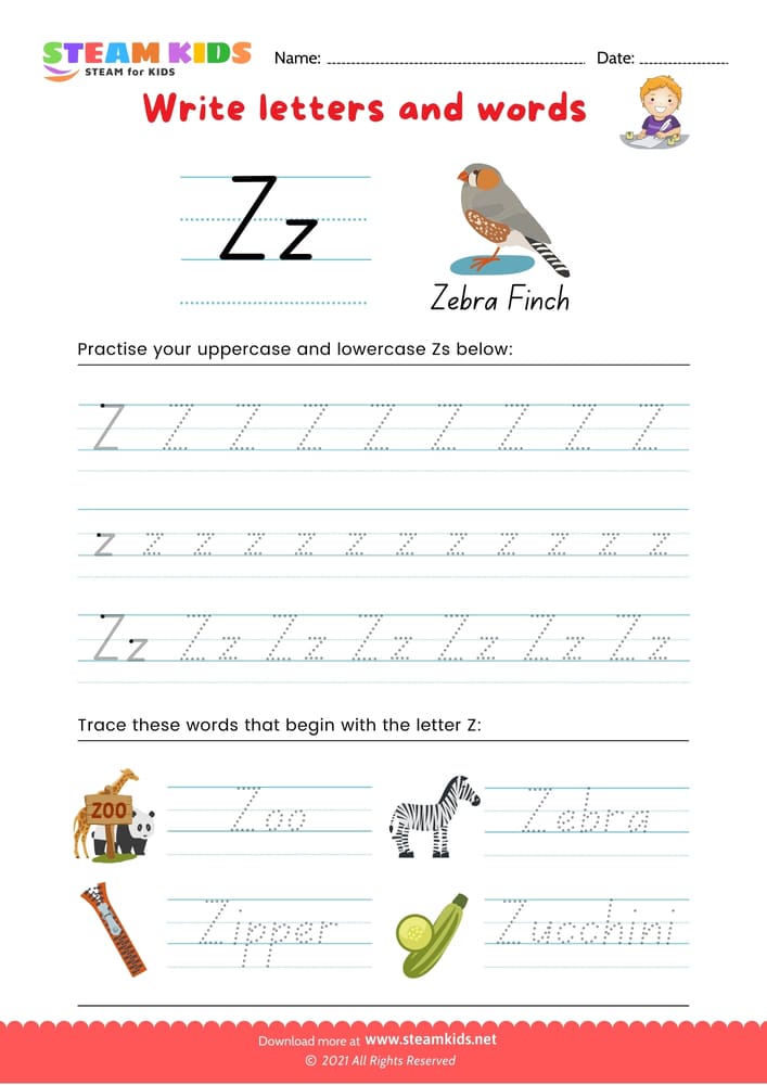 Free English Worksheet - Write letters and words -  Z/z