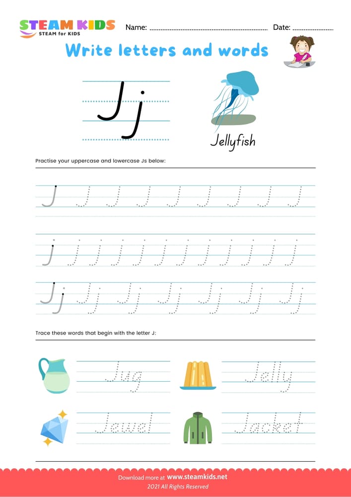 Free English Worksheet - Write letters and words -  J/i