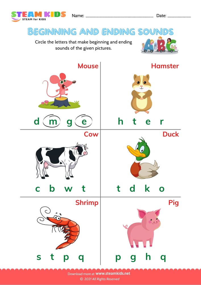 Free English Worksheet - Beginning & Ending Sounds - Worksheet 2