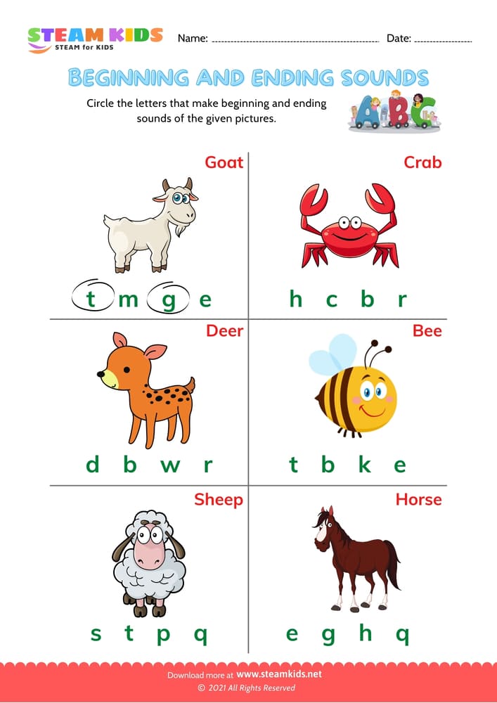 Free English Worksheet - Beginning & Ending Sounds - Worksheet 3