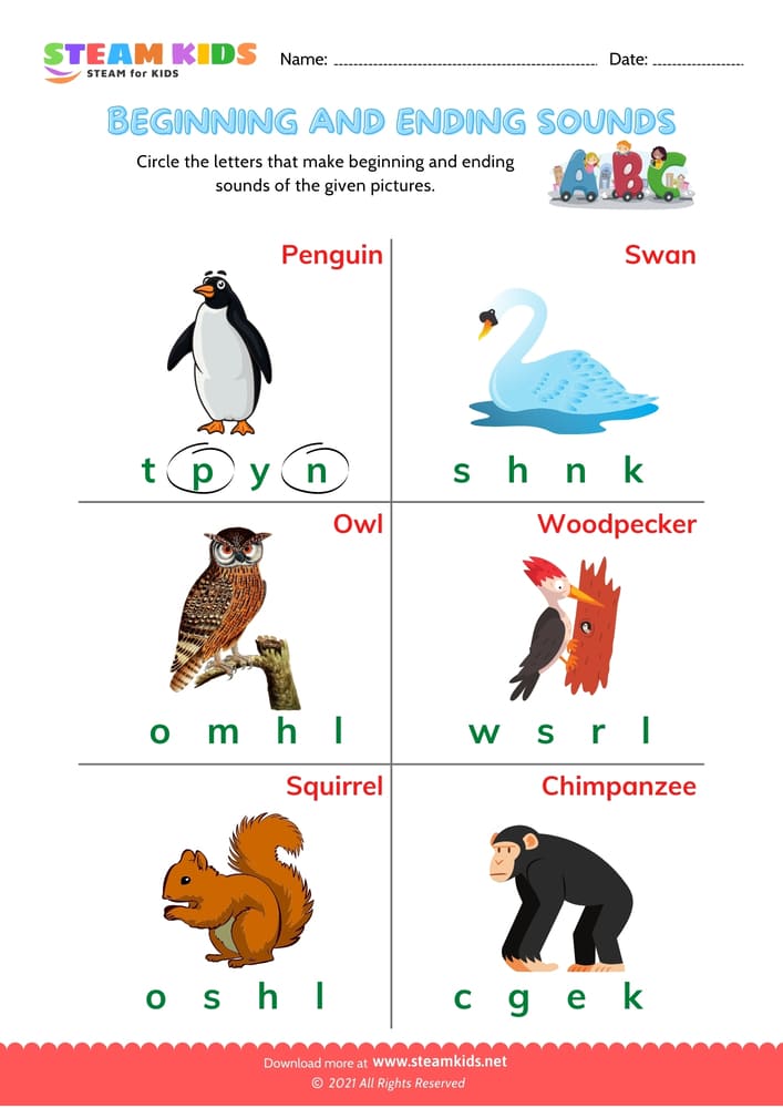 Free English Worksheet - Beginning & Ending Sounds - Worksheet 6