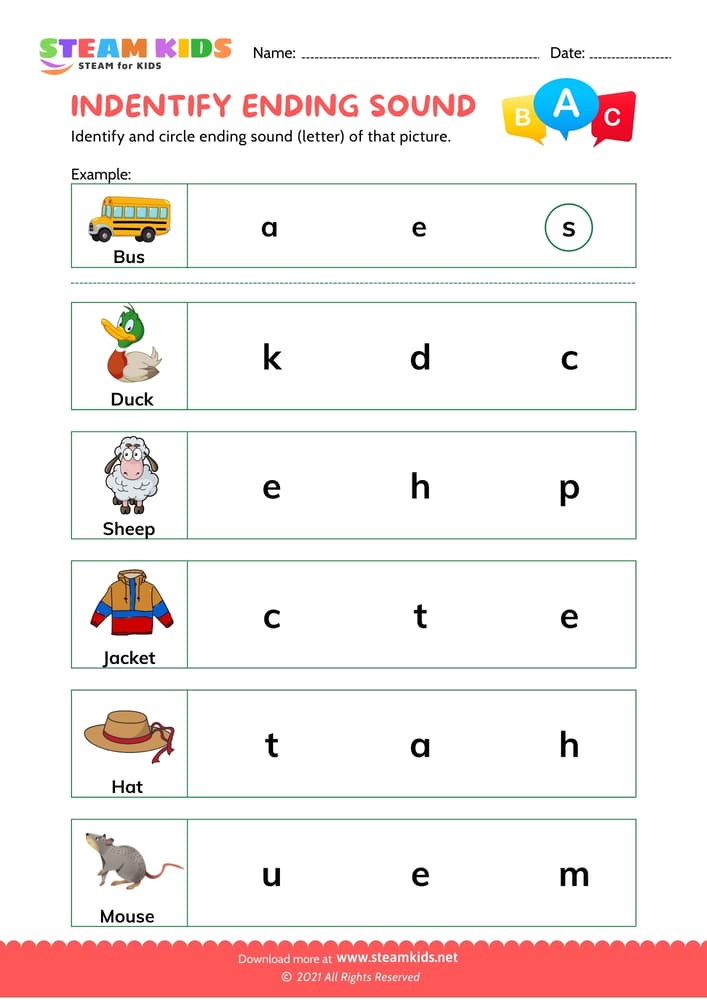 Free English Worksheet - Indentify Ending Sounds - Worksheet 1