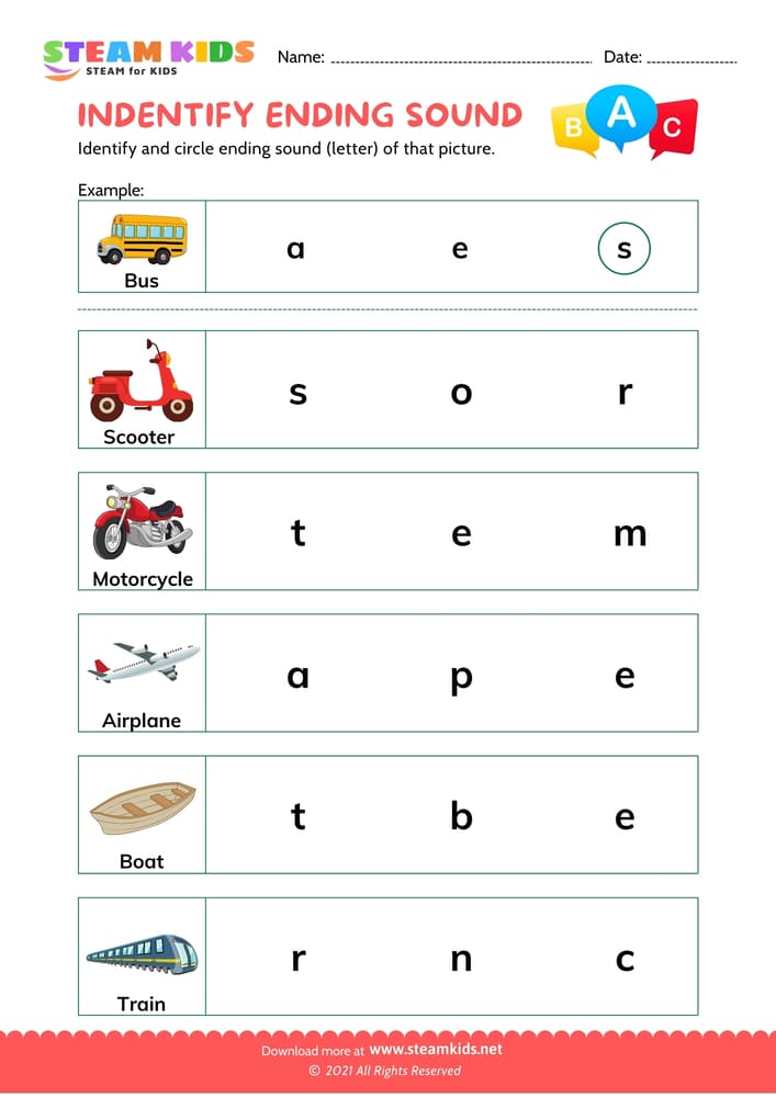 Free English Worksheet - Indentify Ending Sounds - Worksheet 3