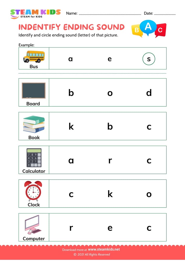 Free English Worksheet - Indentify Ending Sounds - Worksheet 5