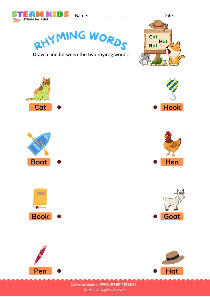Free English Worksheet - Rhyming words - Worksheet 1 - STEAM KIDS