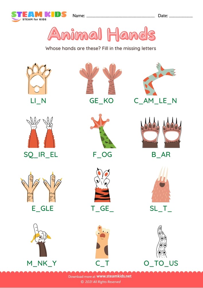 Free English Worksheet - Animal Hands