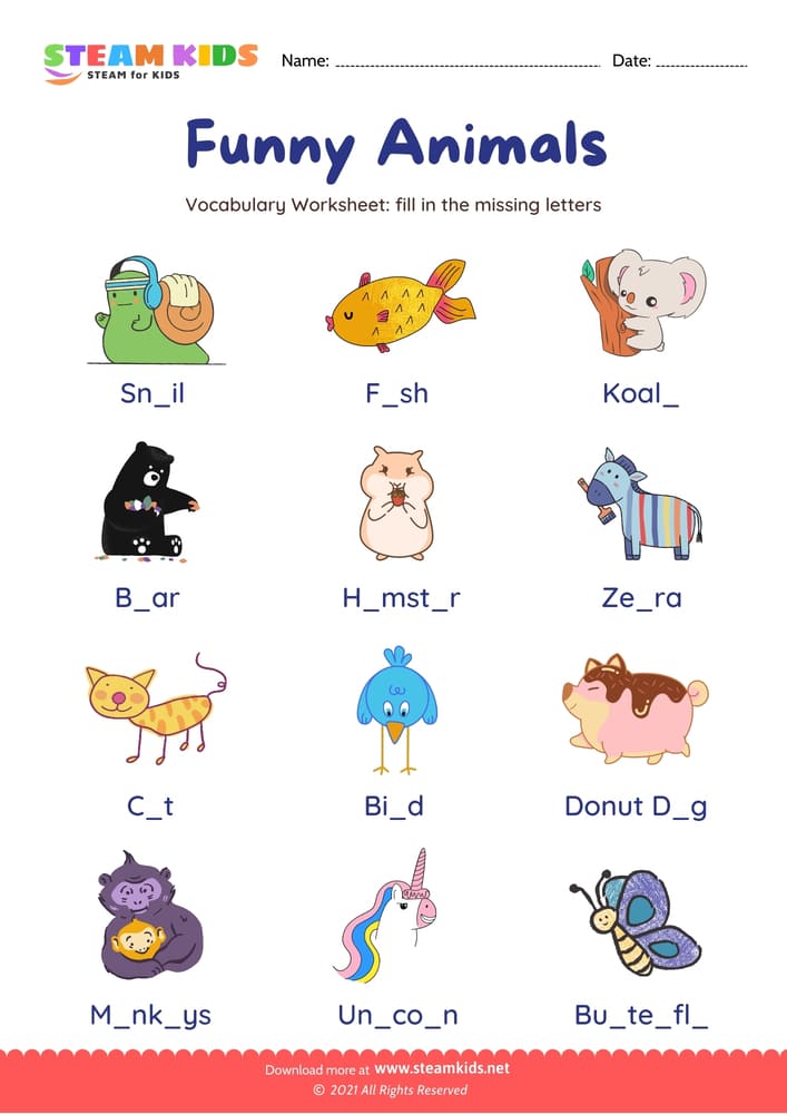 Free English Worksheet - Funny Animals