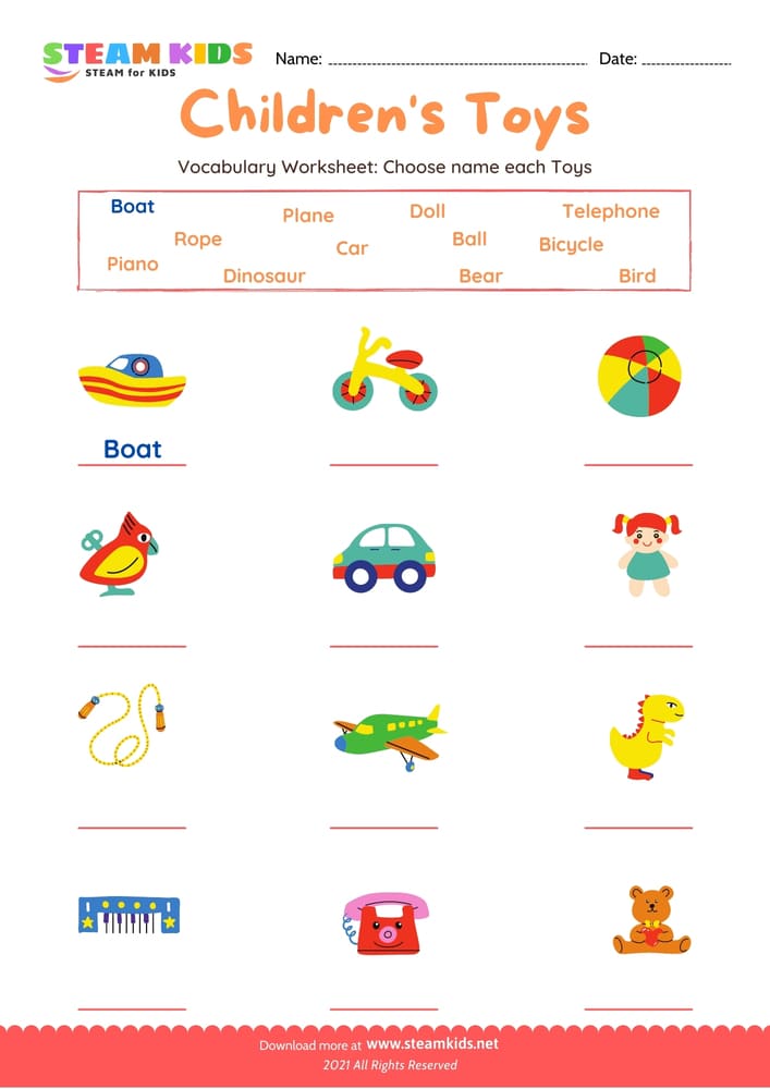 Free English Worksheet - Choose name Children's Toys - Worksheet 1