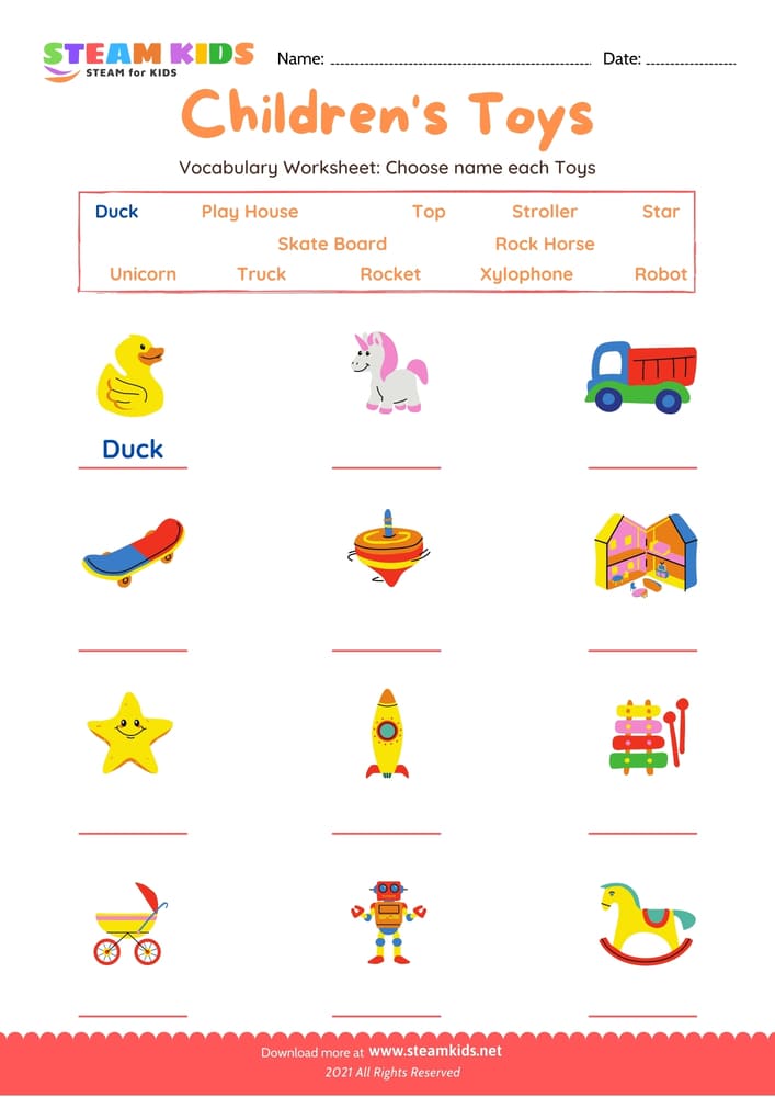 Free English Worksheet - Choose name Children's Toys