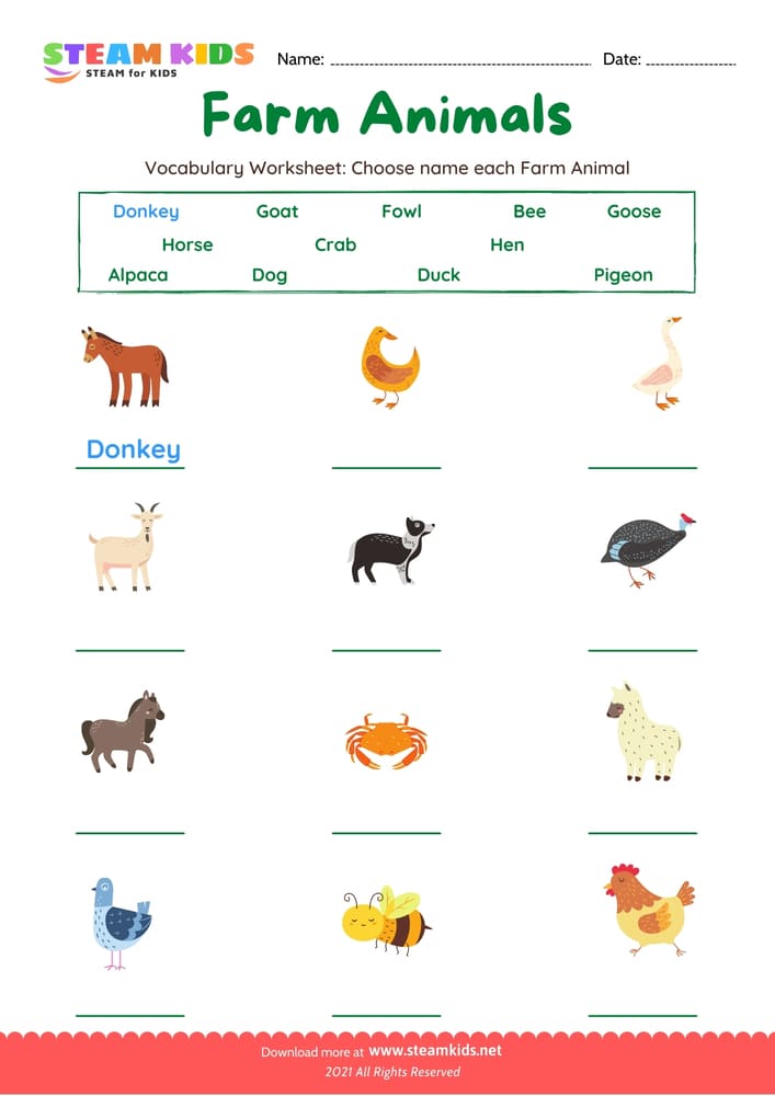 Free English Worksheet - Choose name Farm Animals - Worksheet 1