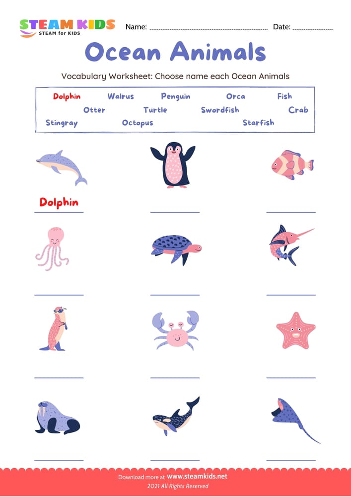 Free English Worksheet - Choose name Ocean Animals - Worksheet 1