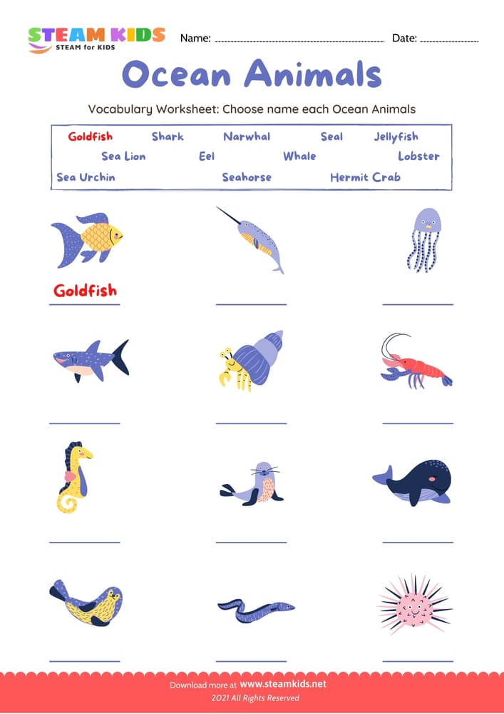 Free English Worksheet - Choose name Ocean Animals