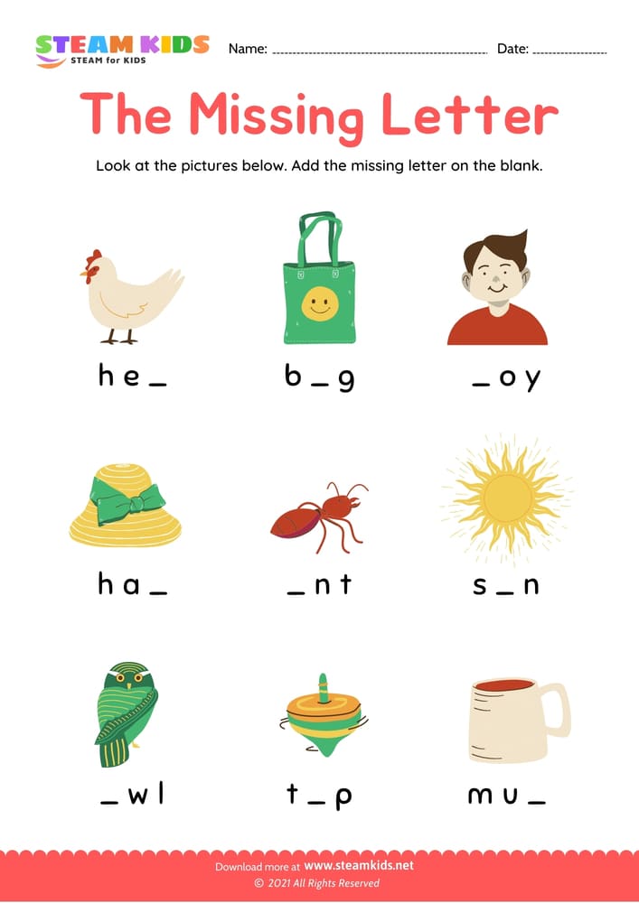 Free English Worksheet - The Missing Letter - Worksheet 1