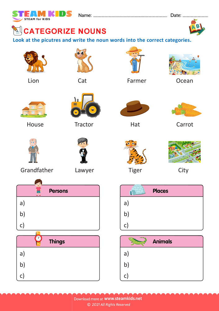 Free English Worksheet - Categorize nouns - Worksheet 2