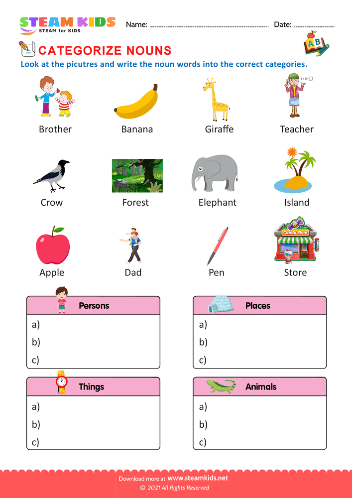 Free English Worksheet - Categorize nouns - Worksheet 3