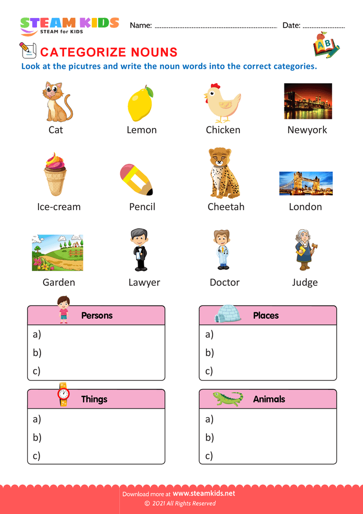 Free English Worksheet - Categorize nouns - Worksheet 5