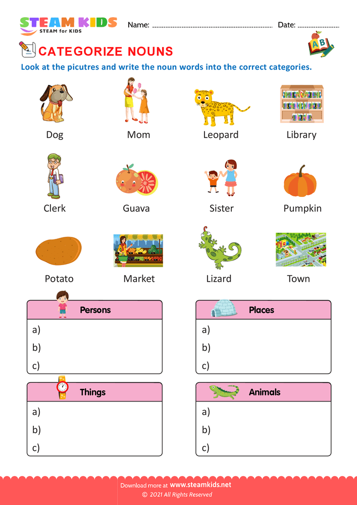 Free English Worksheet - Categorize nouns - Worksheet 6