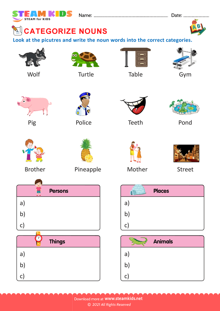 Free English Worksheet - Categorize nouns - Worksheet 7