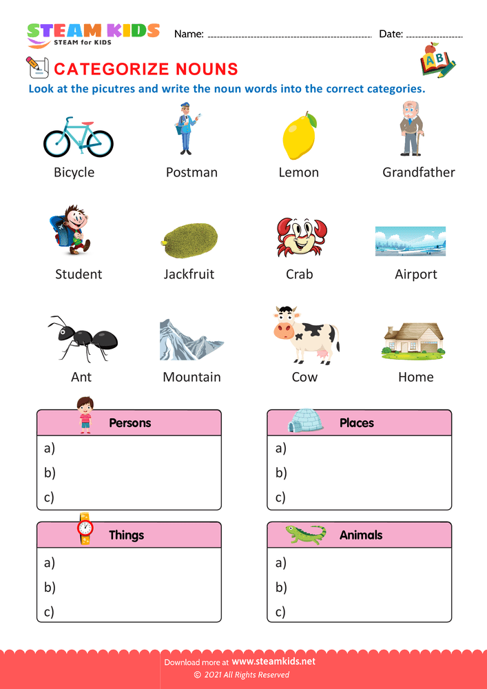 Free English Worksheet - Categorize nouns - Worksheet 8