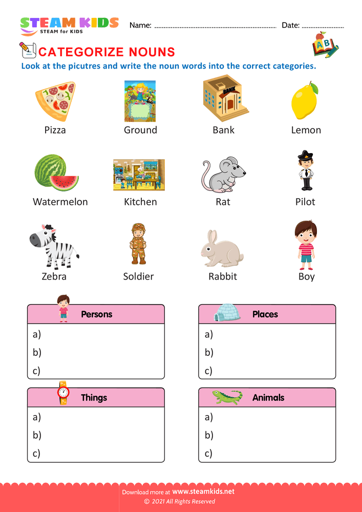 Free English Worksheet - Categorize nouns - Worksheet 9