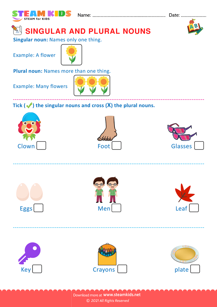 Free English Worksheet - Singular and Plural Nouns - Worksheet 1