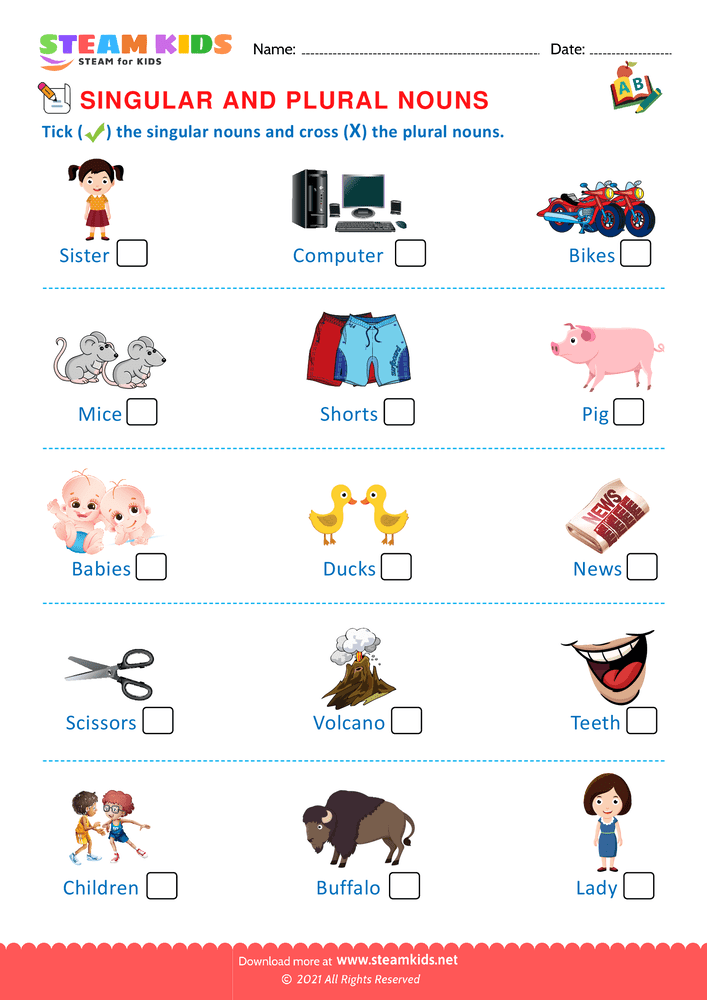 Free English Worksheet - Singular and Plural Nouns - Worksheet 3