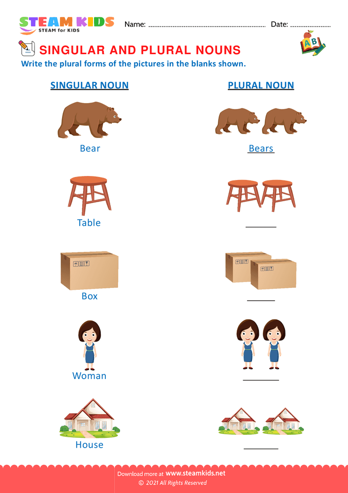 Free English Worksheet - Singular and Plural Nouns - Worksheet 7