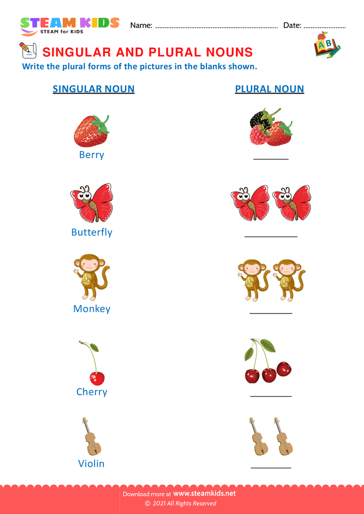 Free English Worksheet - Singular and Plural Nouns - Worksheet 8