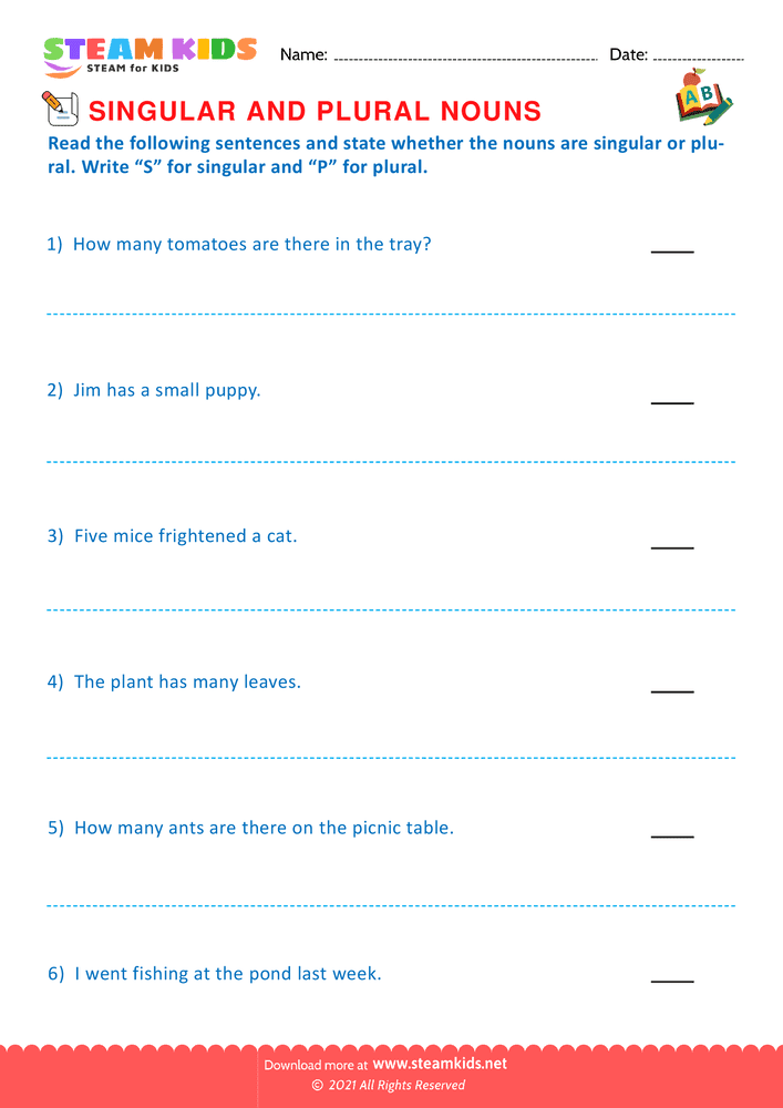 Free English Worksheet - Singular and Plural Nouns - Worksheet 12