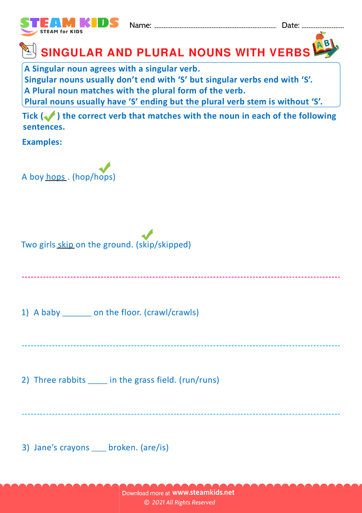 Free English Worksheet - Singular and Plural Noun with Verbs - Worksheet 1