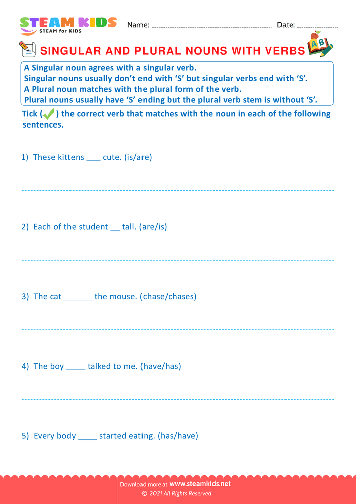 Free English Worksheet - Singular and Plural Noun with Verbs - Worksheet 3