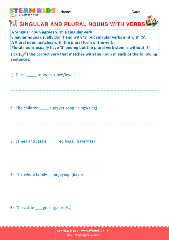Free English Worksheet - Singular and Plural Noun with Verbs - Worksheet 4