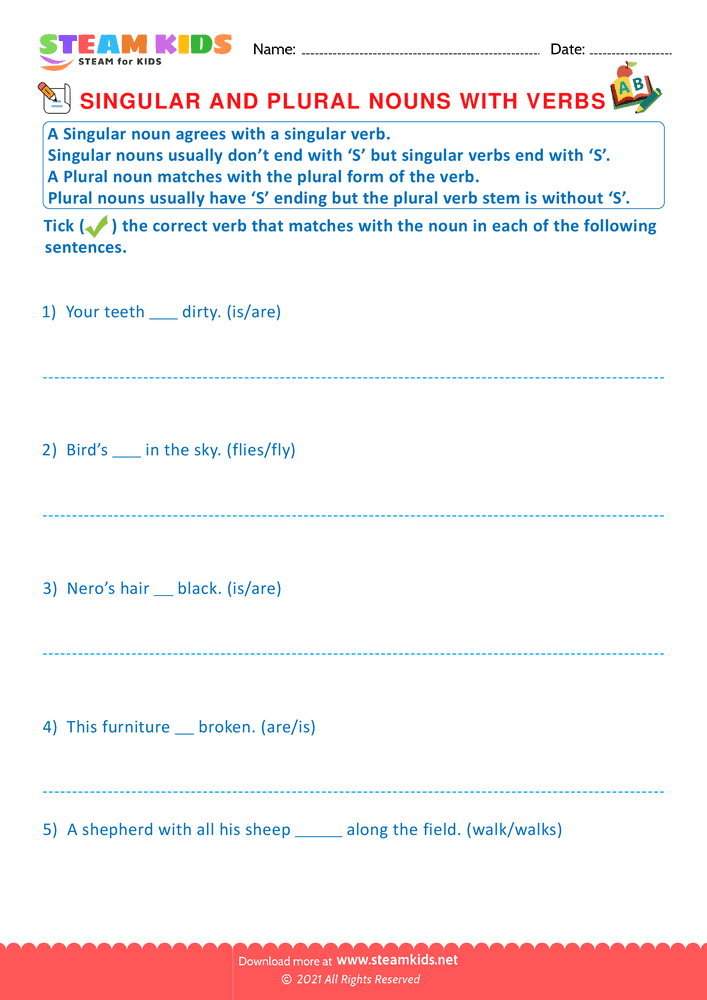 Free English Worksheet - Singular and Plural Noun with Verbs - Worksheet 5