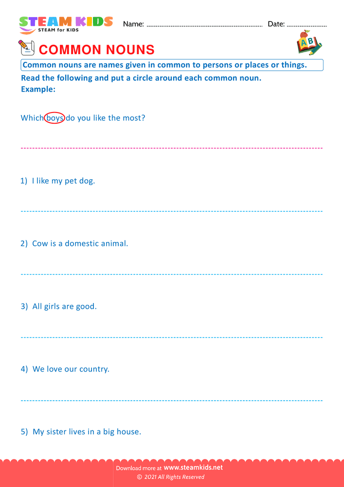 Free English Worksheet - Common Nouns - Worksheet 1