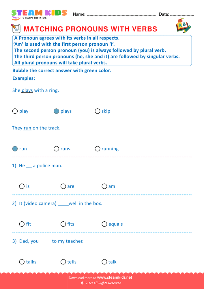 Free English Worksheet - Matching Pronouns With Verbs - Worksheet 1