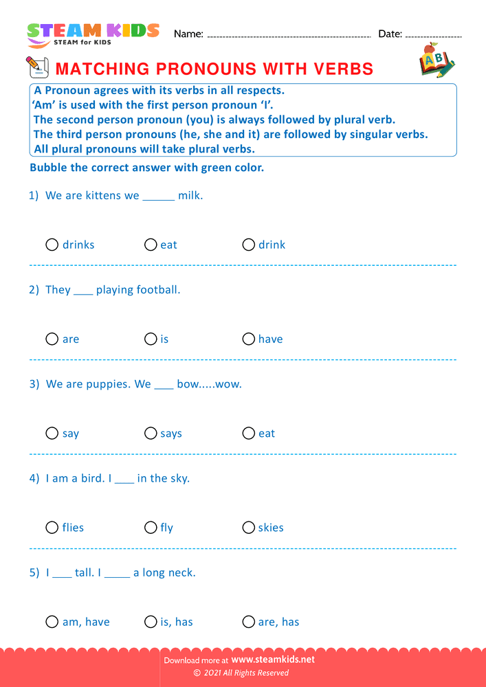 Free English Worksheet - Matching Pronouns With Verbs - Worksheet 2