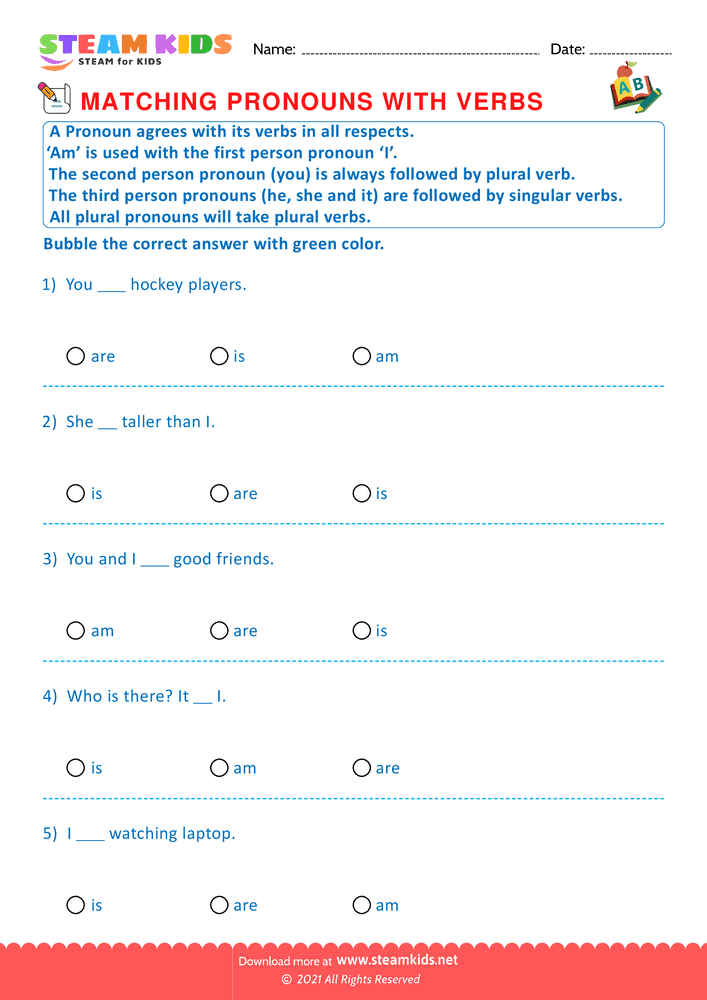 Free English Worksheet - Matching Pronouns With Verbs - Worksheet 3