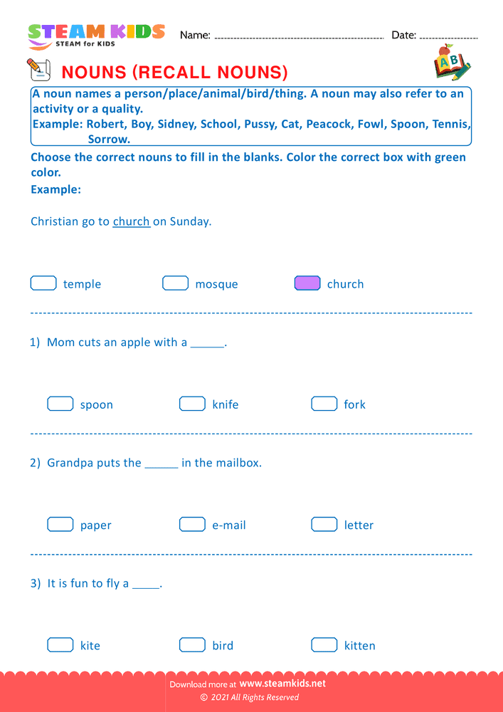 Free English Worksheet - Recall nouns - Worksheet 1