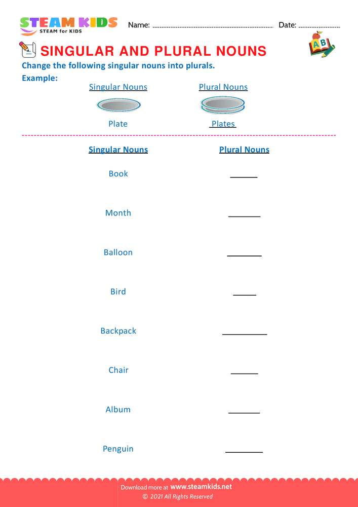 Free English Worksheet - Singular and Plural Nouns G2 - Worksheet 1