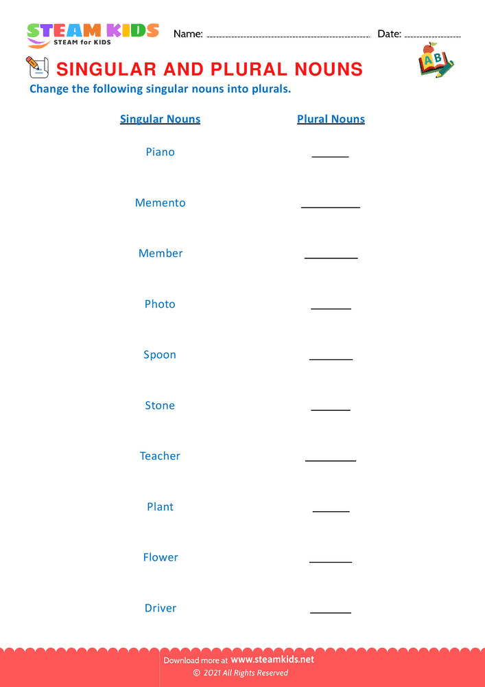 Free English Worksheet - Singular and Plural Nouns G2 - Worksheet 2